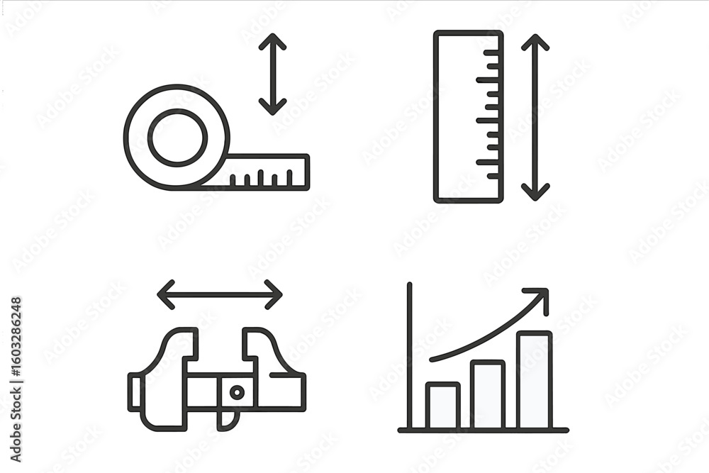 Poster measurement and dimension line icon set. ruler, tape measure, and caliper for size calculation. bar 