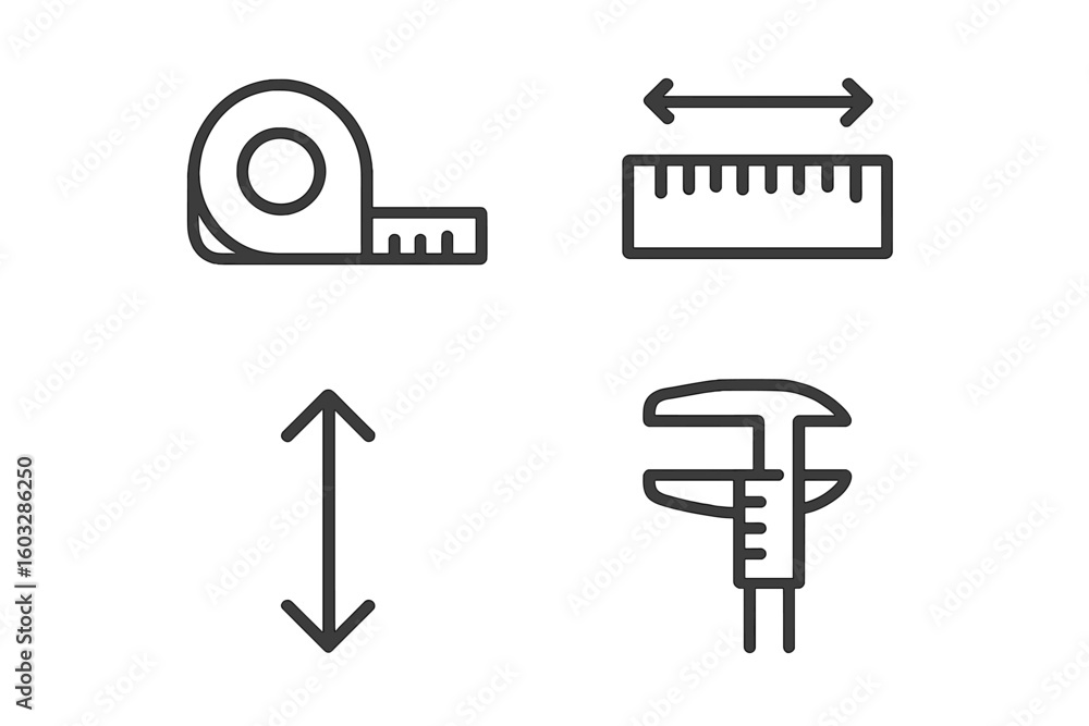 Poster measurement and dimension tools line icon set. vector outline symbols for engineering, construction.