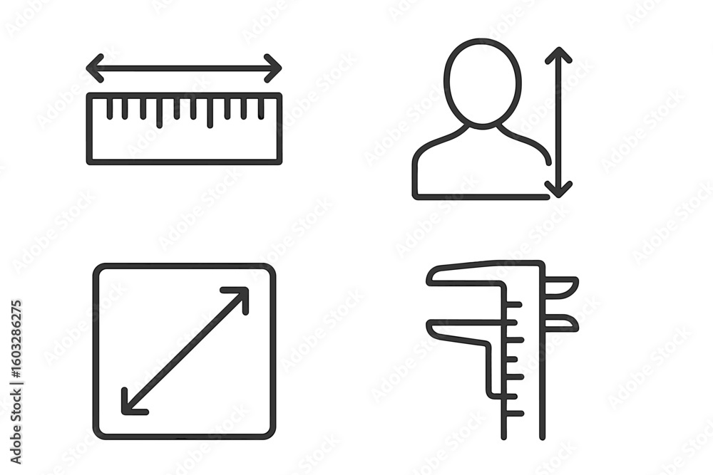 Poster measurement and dimension linear icons set. size, height, width, and diagonal symbols. ruler and cal