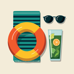 Summer vacation beach flat lay with lifebuoy, towel, sunglasses, and cocktail drink, perfect for holiday and poolside design