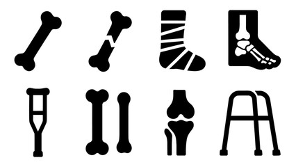 Obraz premium Set of bone injury icons: bone, broken bone, bandaged foot, X-ray, crutch, joint, walker.