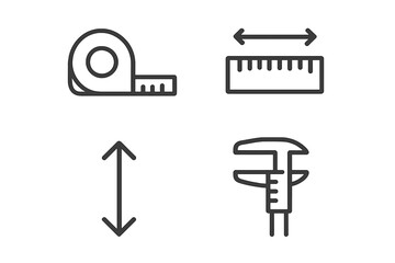 Measurement and dimension tools line icon set. Vector outline symbols for engineering, construction. Tape measure, ruler, caliper pictograms for size, length, width, height.