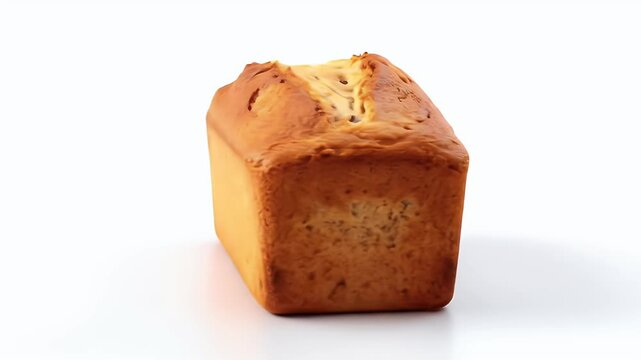 A freshly baked golden loaf of pound cake slowly rotating on a clean white studio background.