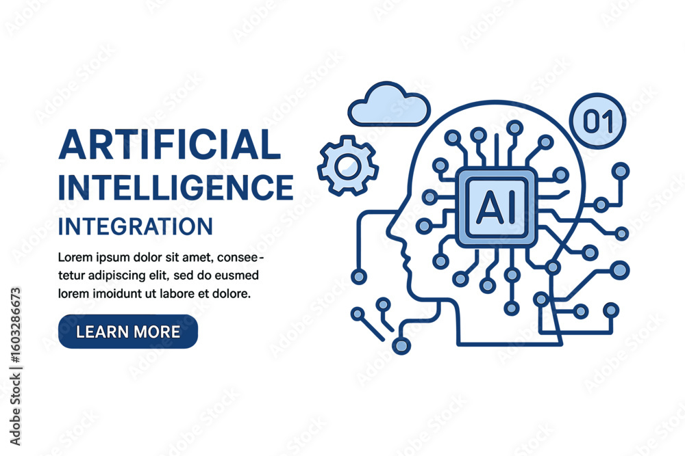 Poster artificial intelligence integration concept banner, human head circuit, ai processor, cloud computin