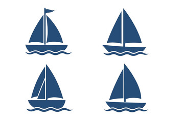 Set of sailboat icons. Blue ship silhouette on wave. Simple boat pictogram for logo. Nautical marine symbol. Sea, ocean travel, summer vacation, regatta, yachting concept.