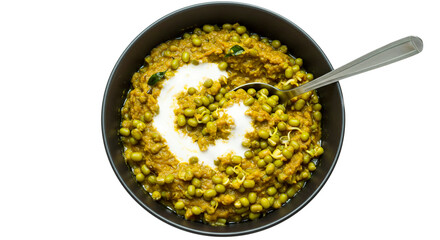 traditional healthy young sprouted Green gram or mung beans masala curry stew recipe with cream topping in bowl, cutout in transparent background, png format top view