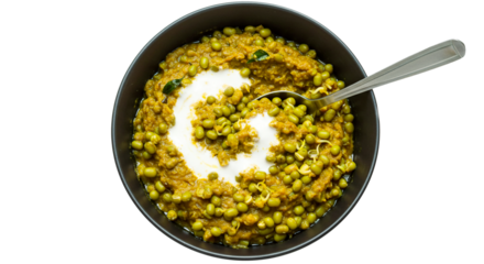 traditional healthy young sprouted Green gram or mung beans masala curry stew recipe with cream topping in bowl, cutout in transparent background, png format top view