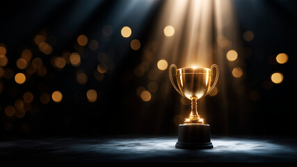 Golden trophy cup on the podium shining in the spotlight. Contrast lighting. Concept of victory, overcoming obstacles and reward.