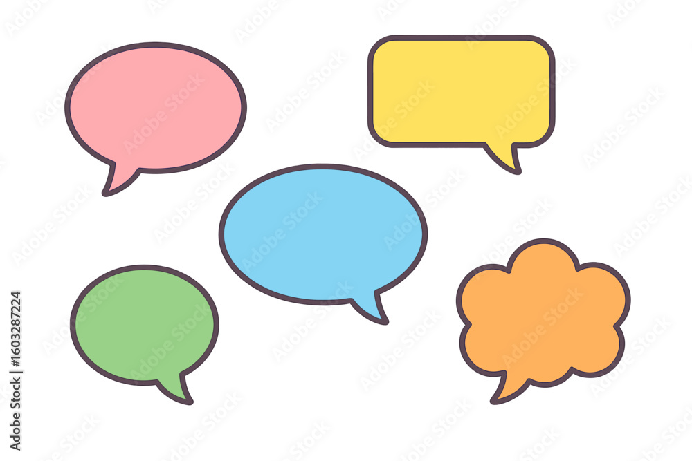 Poster cute colorful speech bubbles vector set. collection of cartoon talk clouds for chat, dialog, communi
