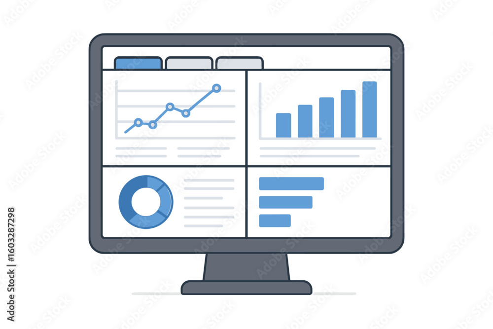 Poster data analytics dashboard on computer monitor screen. business intelligence ui with charts and graphs