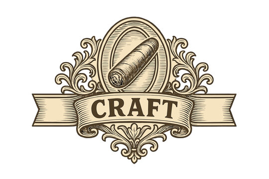 Vintage engraving craft cigar label emblem vector. Retro tobacco badge with ornate floral scrolls, woodcut ribbon banner and frame for lounge, humidor and bar branding template