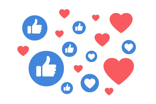 Social media like and heart reaction icons. Thumbs up and love symbols for online engagement and user feedback. Communication concept. Vector illustration for web, app, post.