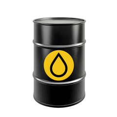 Black oil barrel with yellow drop symbol isolated on transparent background