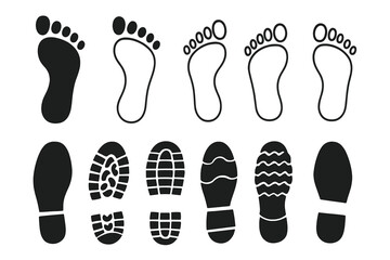 Human footprint and shoe print silhouette vector icon set. Barefoot and boot prints collection. Steps, track, trail concept. Black isolated graphic elements. Walker sole.