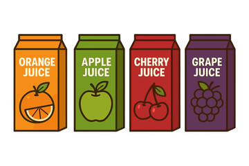 Fruit juice packets vector illustration. Orange, apple, cherry, grape juice boxes. Healthy drink, beverage packaging design. Flat icons set isolated on transparent background.