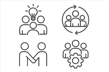 Teamwork and collaboration icon set. Business partnership, brainstorming idea, workflow process, and team management vector line icons. Editable stroke symbols for corporate use.