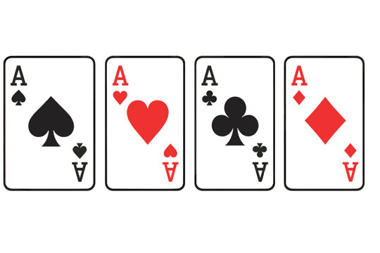 Four aces playing cards set. Poker hand winning combination. Casino gambling game concept. Vector illustration of spades, hearts, diamonds, and clubs card symbols.