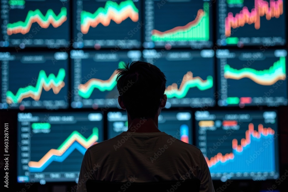 Poster aerial view of individual immersed in vibrant financial kpi data graphs and charts on multiple scree