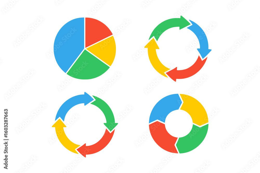 Poster set of colorful circle arrow diagrams and pie charts. vector infographic elements for business proce
