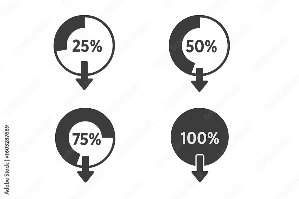 Poster loading progress circle icon set with percentage indicators. download status from 25 to 100 percent.