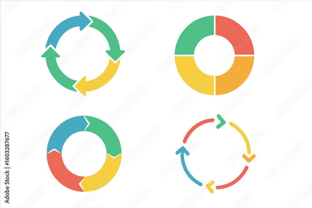 Poster set of colorful circle arrow diagrams and pie charts for business infographics. vector elements for 