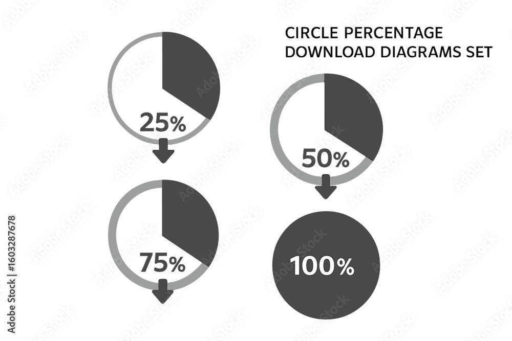 Poster set of circle percentage download or loading progress icons. pie chart diagrams showing 25, 50, 75, 
