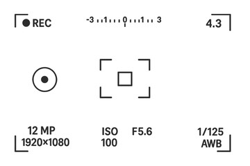 Camera viewfinder display UI for photo and video recording. Digital screen interface with focus, exposure, and settings indicators. Vector HUD overlay elements set.