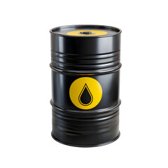 Black oil barrel with yellow drop symbol isolated on transparent background