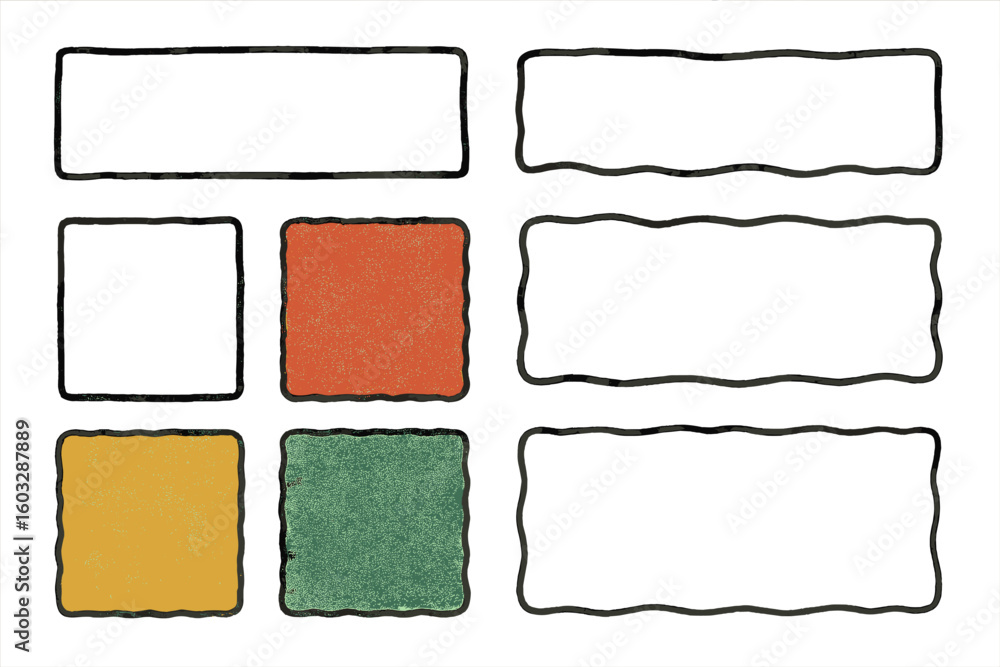 Poster hand drawn doodle frames set with grain texture. colorful cartoon squares and rectangles with wavy b