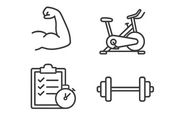 Fitness and gym vector line icon set. Bicep muscle, stationary bike, dumbbell, workout plan with stopwatch. Symbols for sport, exercise, strength training, cardio.
