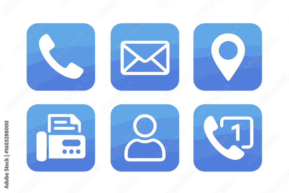 Poster blue contact us icons collection. vector graphic symbols for web design and mobile ui. includes tele