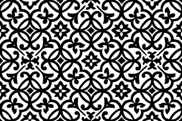 Elegant Seamless Arabian Style Floral Arabesque Pattern, Intricate Islamic Black and White Decorative Lattice, Geometric Vector Background, Traditional Ornamental Motif, Classic Eastern Design