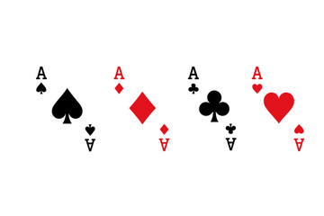 Ace card suit set isolated. Playing cards symbols for poker or casino games. Vector icons of hearts, diamonds, clubs, and spades. Gambling and luck concept illustration.