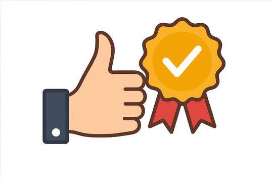 Approval check icon for recommendation or endorsement. Hand giving thumb up gesture. Honor badge for high quality. Concept of public support, positive feedback, and success.