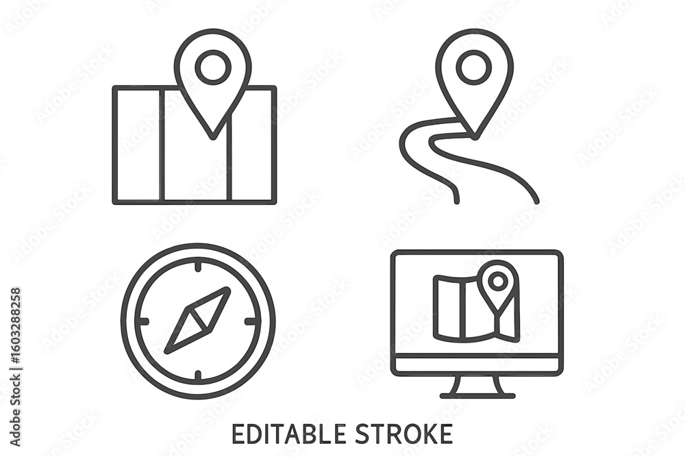 Fototapete navigation and map location icon set. gps pointer on road and destination route. compass for directi
