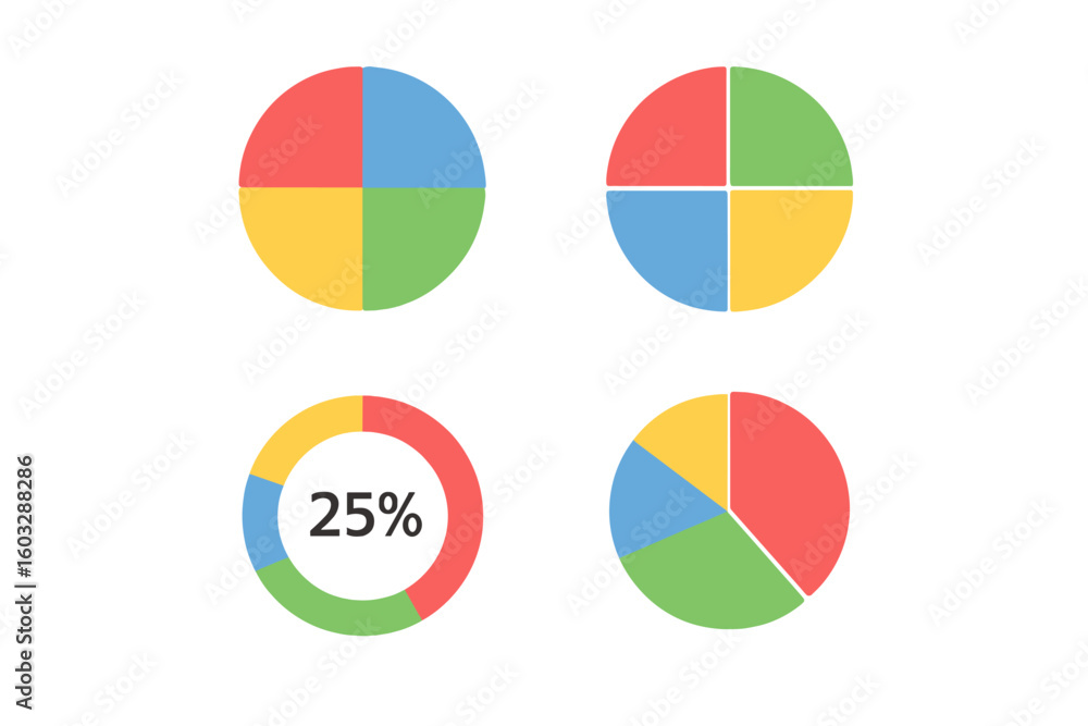 Poster colorful pie chart and donut chart vector icon set. circle diagrams for business data analysis. info