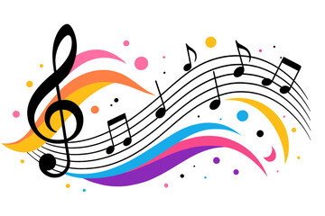 Obraz premium Colorful music notes background. Abstract musical staff with treble clef. Dynamic sound wave. Vector illustration for party flyer, festival poster, concert banner. Melody.