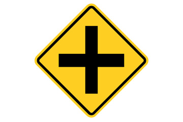Fototapeta premium Yellow Diamond Road Intersection Warning Sign, Black Cross Symbol, Traffic Control Alert, Intersection Ahead Concept, Road Safety, Caution Sign, Vector Illustration for Transportation Safety
