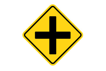 Fototapeta premium Crossroad Intersection Warning Traffic Road Sign, Yellow Diamond Shape, Bold Black Plus Symbol, Vector Illustration, Transparent Background, Safety Caution for Drivers, Transportation Alert Symbol