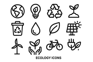 Vector icon set of ecology and environment themes. Symbols for green energy, recycling, sustainability, and nature conservation. Eco friendly and renewable resources concepts.