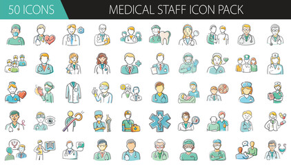 Medical Staff Icon Pack with 50 Healthcare Professional Illustrations - A detailed set of 50 cartoon-style medical staff icons, featuring doctors, nurses, surgeons, and healthcare workers for hospital