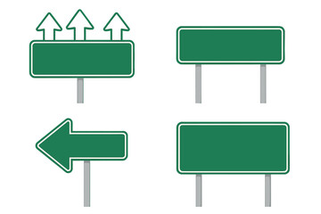 Blank green highway road sign set with up and left arrows, empty directional street sign boards, vector illustration template for traffic navigation on transparent background