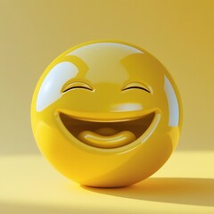 Fototapeta premium A bright yellow smiley face emoji with closed eyes and a wide open mouth laughing joyfully against a warm yellow background