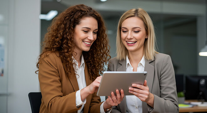 Two women in blazers with tablet, smiling. Suitable for business, technology, teamwork concepts in blog posts, presentations, and social media. - Powered by Adobe