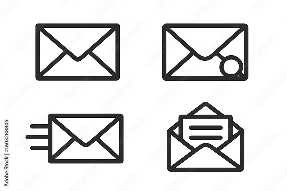 Poster stylized envelope icons collection – vector line art illustrations showing classic mail, new message