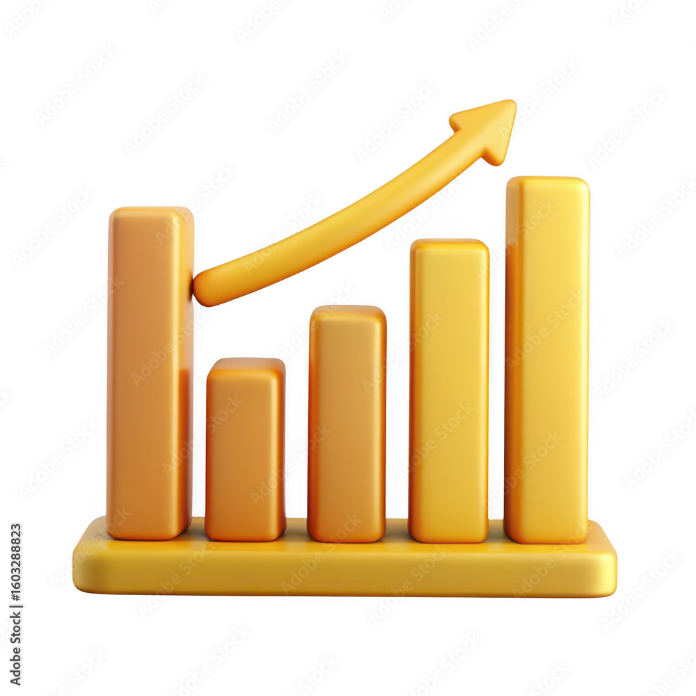Poster golden bar graph with arrow pointing up on transparent background