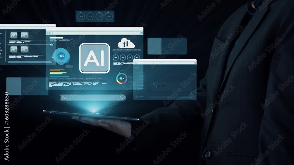 Poster a business professional interacts with a tablet displaying an advanced artificial intelligence inter