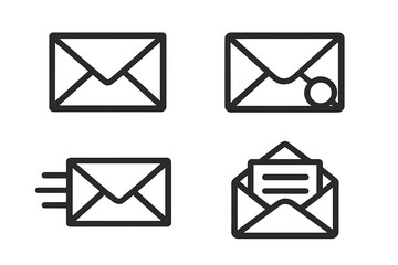 Stylized Envelope Icons Collection – Vector Line Art Illustrations Showing Classic Mail, New Message Notification, Sent Email, and Inbox Letter Concepts on Transparent Background