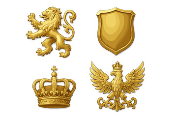 Golden heraldic symbols set with rampant lion, royal crown, blank shield, crowned eagle, coat of arms insignia elements, metallic vector illustration on transparent background