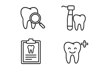 Dental care line icon set. Stomatology vector outline pictograms. Dentist, tooth check up, treatment, healthy tooth, medical record. Oral hygiene and clinic symbols.